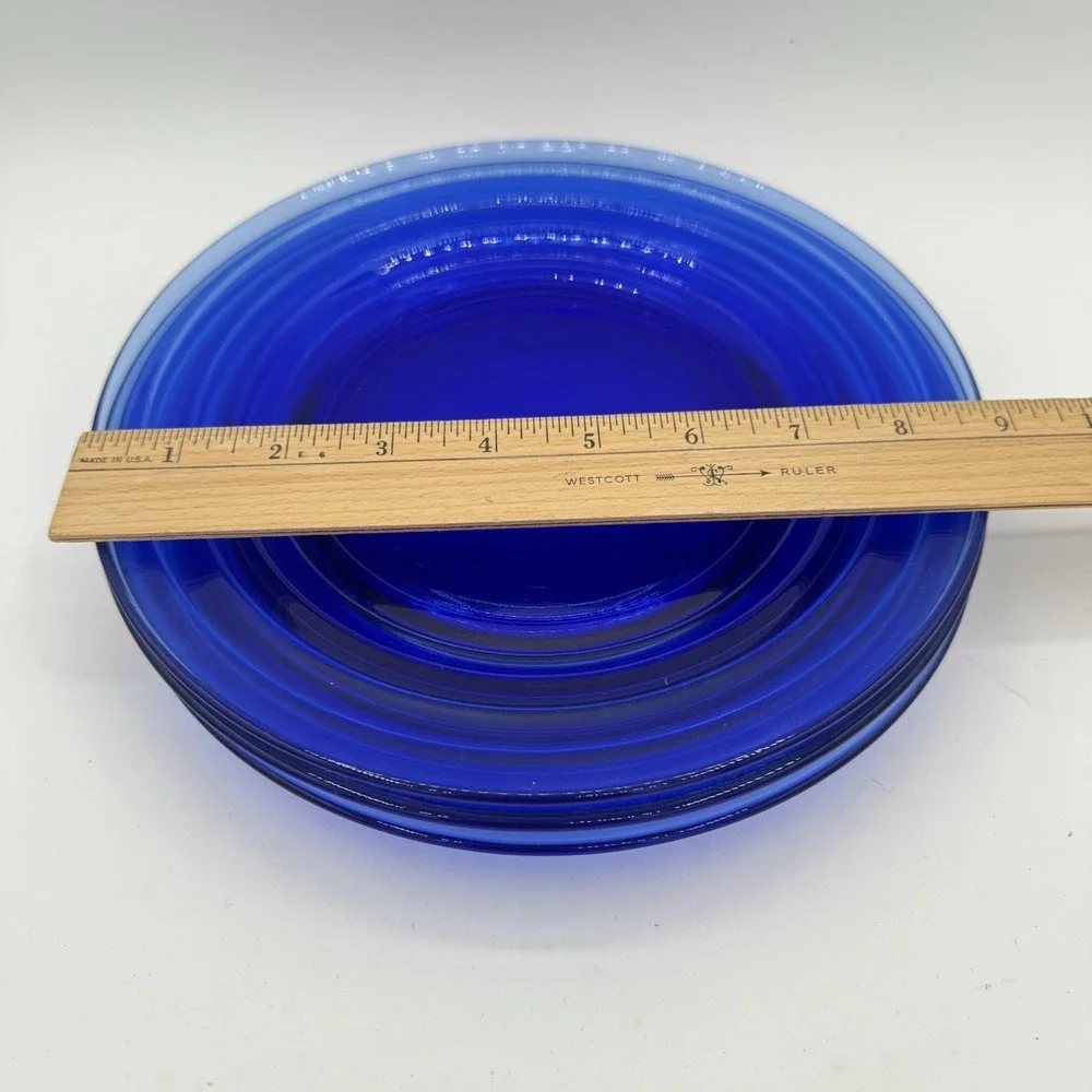 4 Vintage Hazel Atlas Moderntone Cobalt Blue Dinner‎ Plates Art Deco 1930s Glass